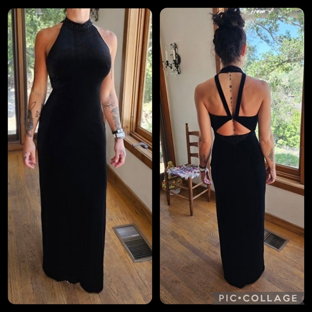 Reggio Vintage Velvet Beaded Open Back Long Dark Navy Blue Women's Dress Size 6